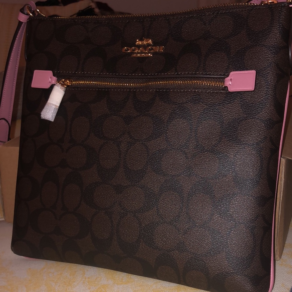 Cross Body Coach Bag , Brown with Pink Straps, Brand New